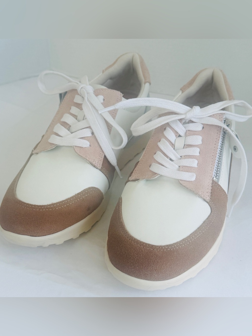 NEW Brioso Mimi Sneakers Side Zip Cream Leather Pink/Tan Suede Tennis Shoes Sz 9